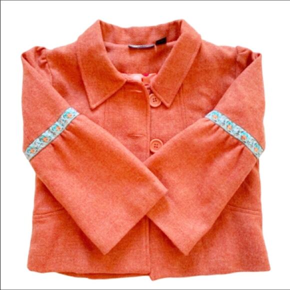 Liza Byrd Jacket Wool Tangerine Orange Blue Trim Bell Sleeve Button Front Jacket - Picture 3 of 9